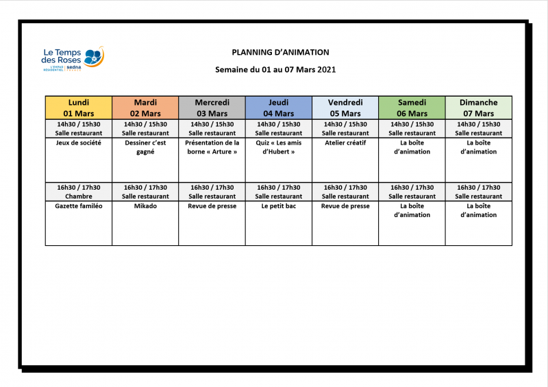 Planning d'animation de la semaine du 01 au 07 mars