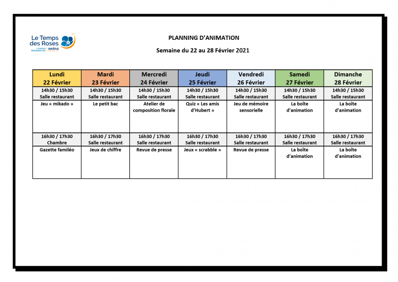 Planning d'animation de la semaine du 22 au 28 février