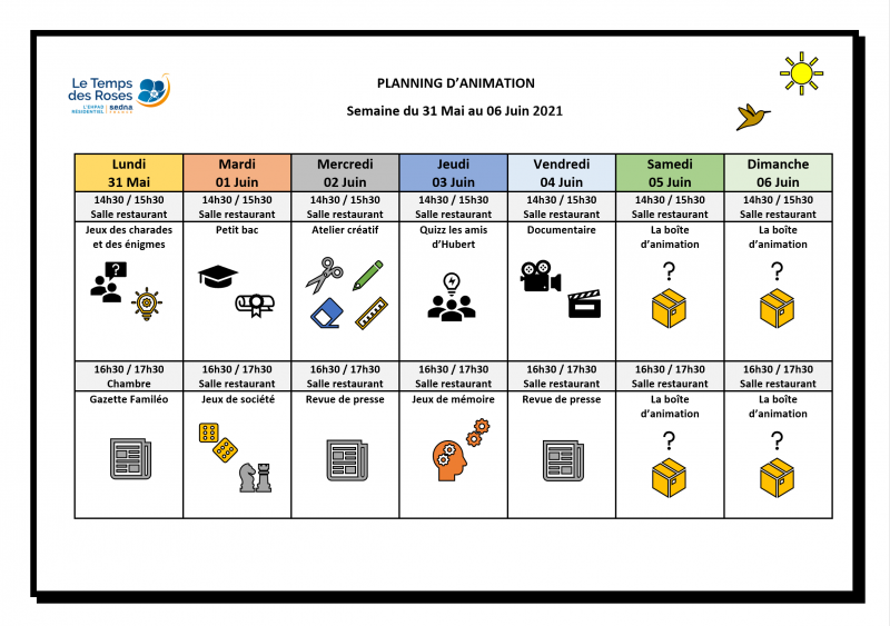 Planning d'animation de la semaine du 31 Mai au 06 Juin