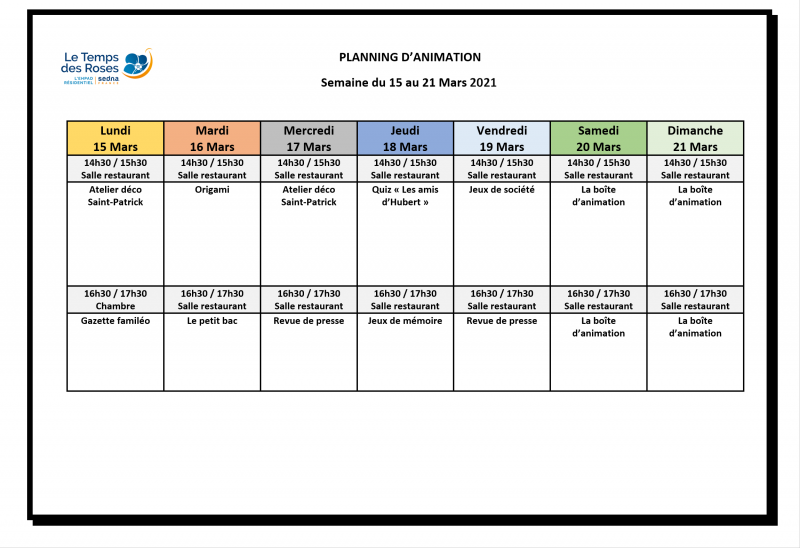 Planning d'animation de la semaine du 15 au 21 mars