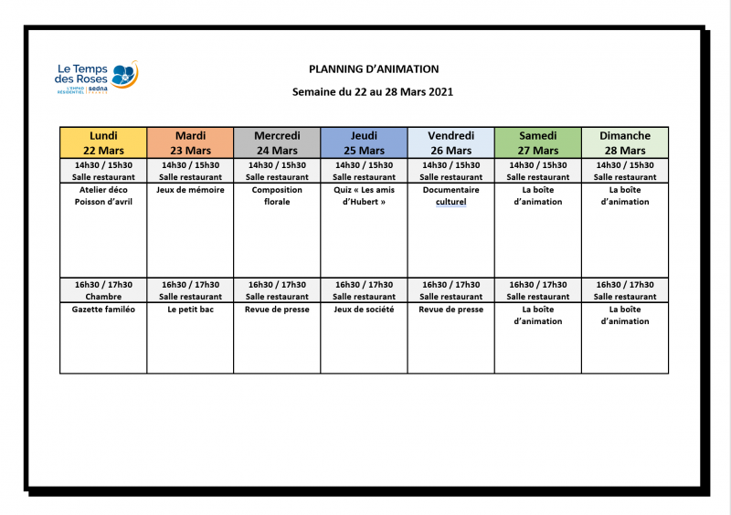 Planning d'animation de la semaine du 22 au 28 mars