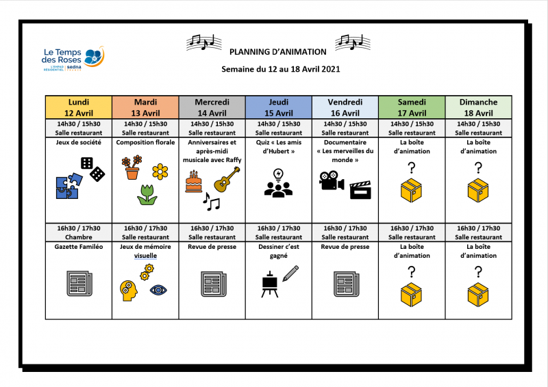 Planning d'animation de la semaine du 12 au 18 Avril